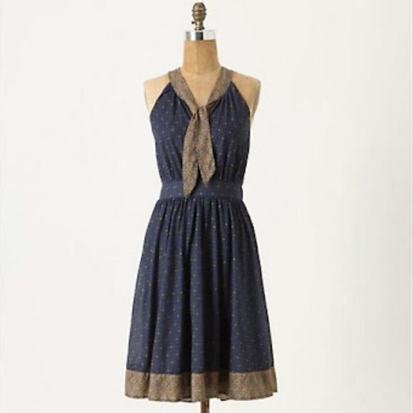 Anthropologie Deletta Women's Windsor Knot Dress Navy Yellow Size L - Picture 1 of 11